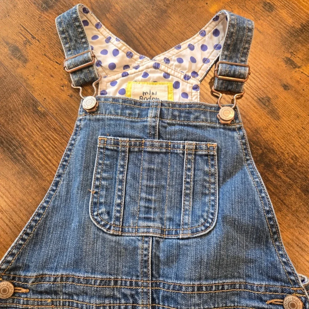 Mini Boden Girls Denim‎ Overalls Blue Polka Dot Lining Size 5-6Y 33319